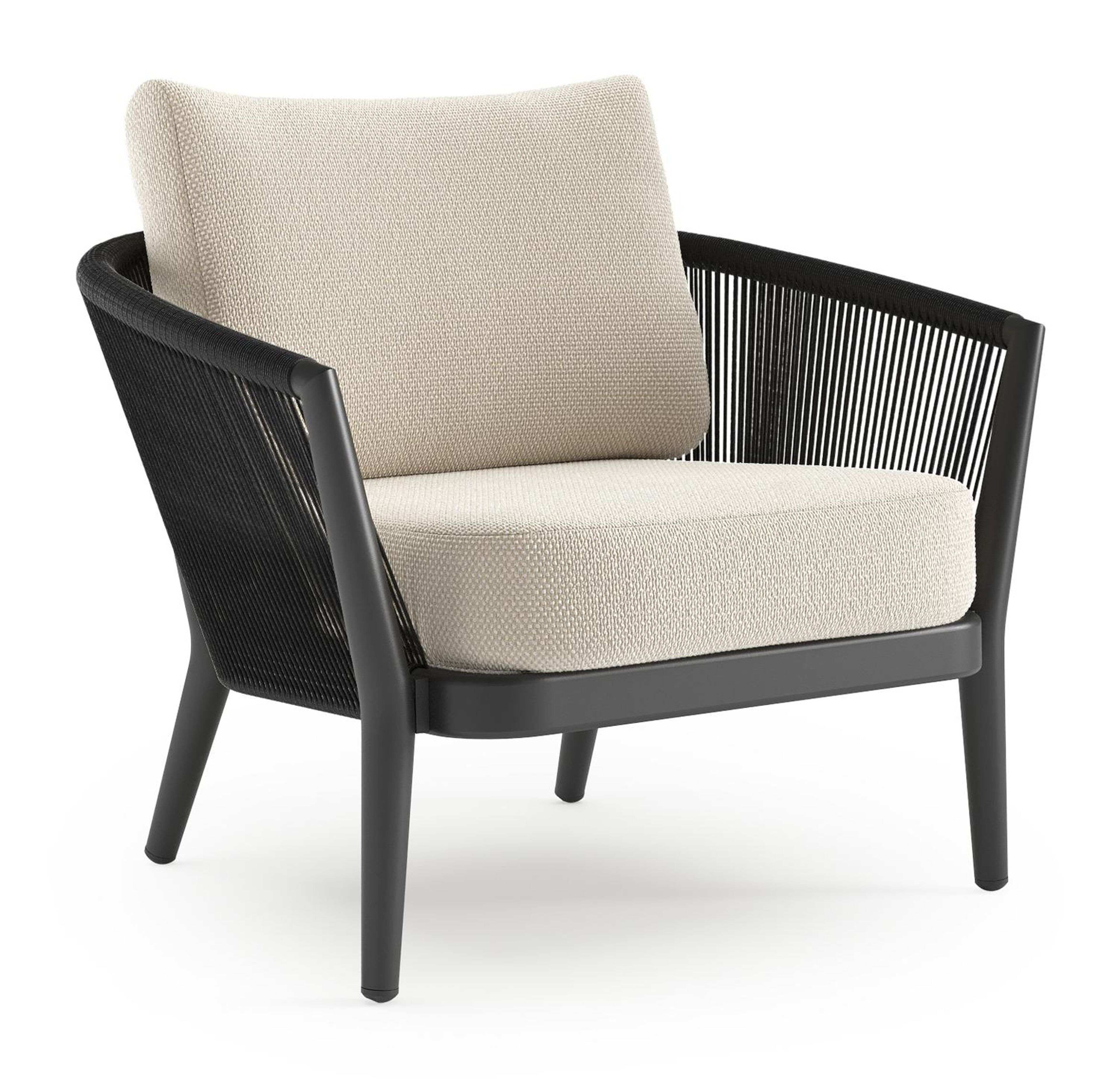 Orso loungestoel in zwart aluminium en zwart verticaal geweven ronde rope met Althea Off White all weather cosytica kussen