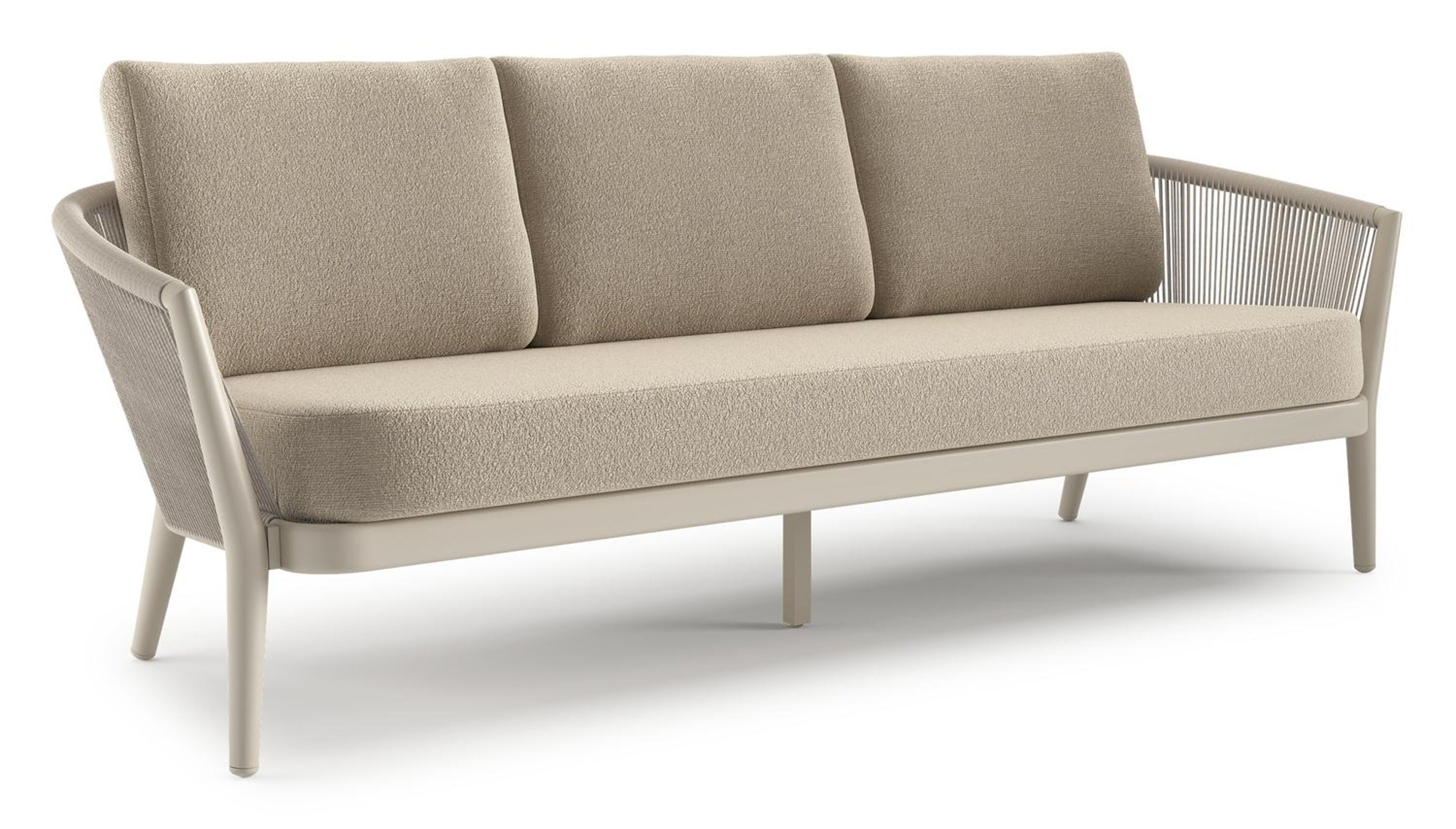 Orso loungebank in beige aluminium en beige verticaal geweven ronde rope met Marbella Sand all weather cosytica kussen