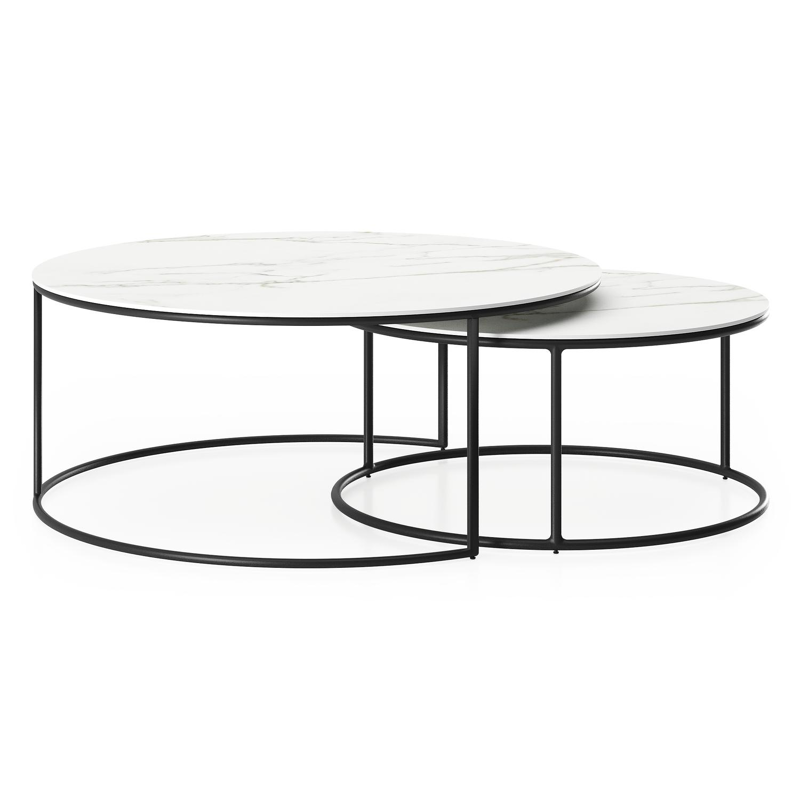 Fano set van 2 loungetafels rond in zwart aluminium en volkeramiek Calacatta - Dia. 85/65 x H 35/30 cm