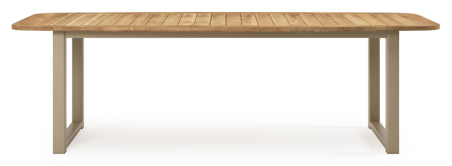 Table de jardin Livo forme de bateau en aluminium beige et teck Naturel - Lg. 250 x Lrg. 110 x Haut. 73 cm