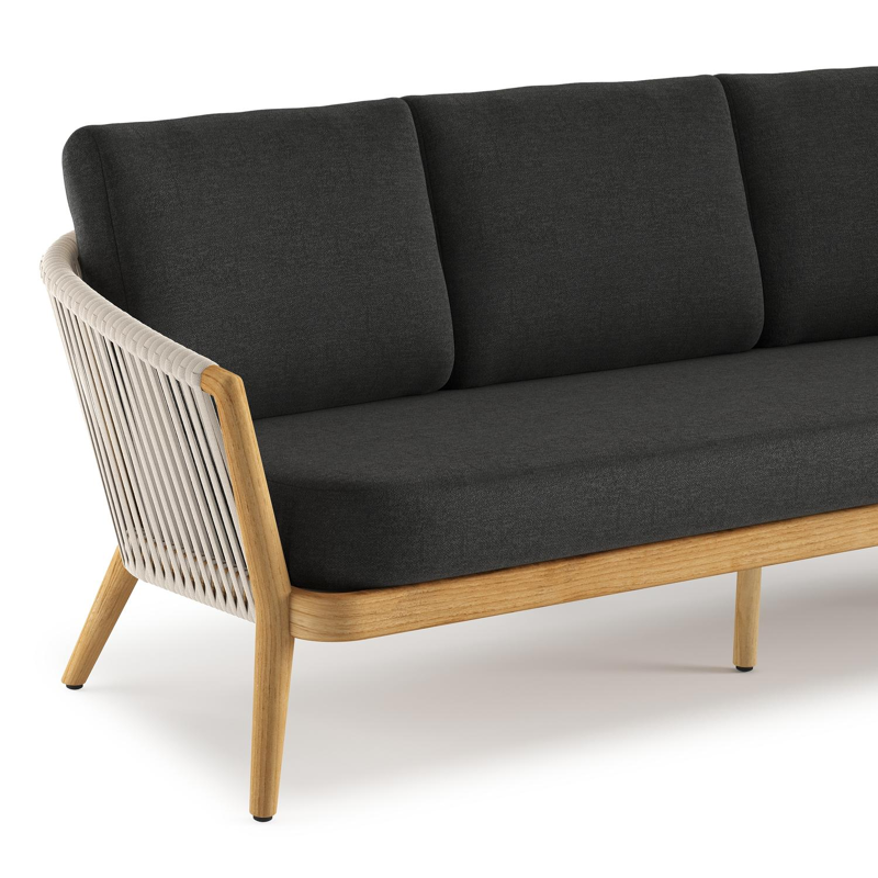 Orso loungebank in teak en beige verticaal geweven luxe vlakke rope met Chartres Sooty all weather sunbrella® luxe kussen