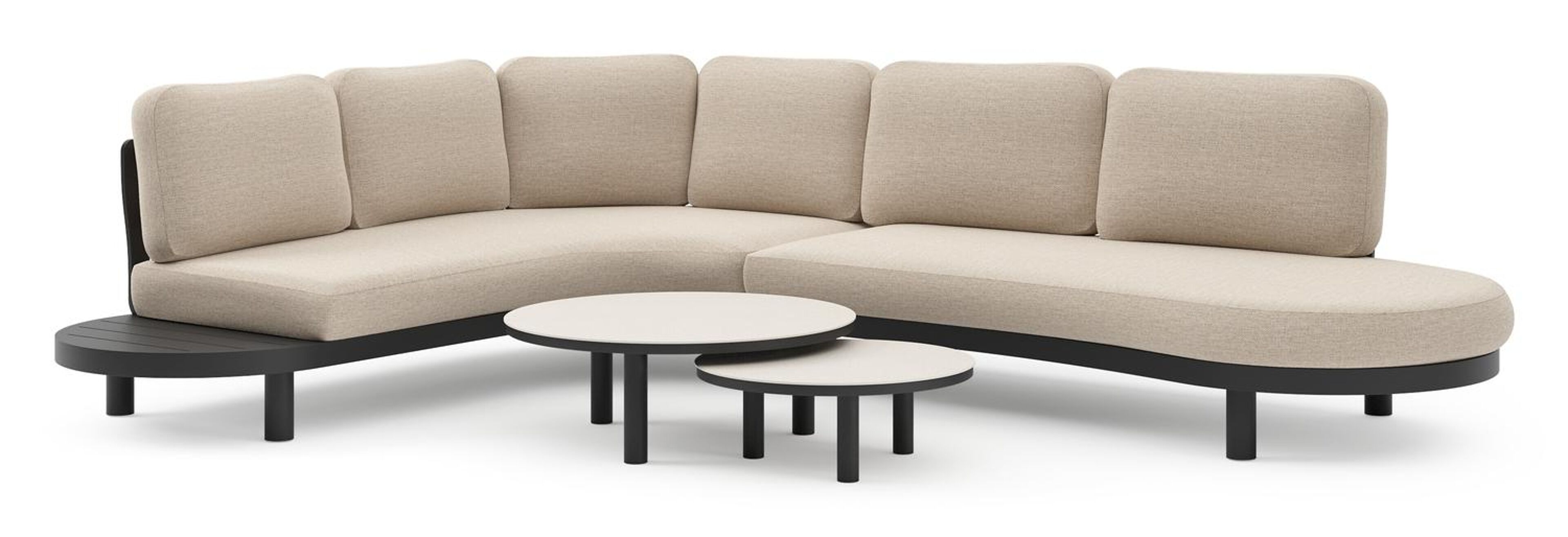 Palma loungehoek in zwart aluminium met rustic weather+ softtouch kussens en loungetafel