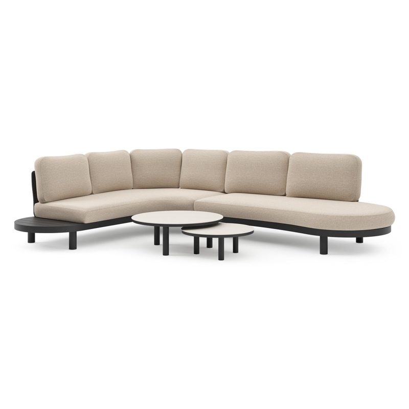 Palma loungehoek in zwart aluminium met rustic weather+ softtouch kussens en loungetafel