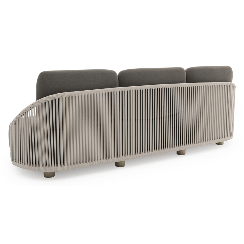 Vadelo loungebank in beige aluminium en beige verticaal geweven ronde rope met natte dark taupe all weather sunbrella® luxe kussen