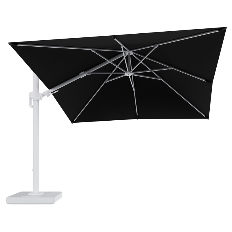 Rufina zweefparasol tiltfunctie in wit aluminium en parasoldoek in All Weather Sunbrella® Luxe Natte Sooty - L1 300 x L2 300 cm met parasolvoet Lapido 160 kg