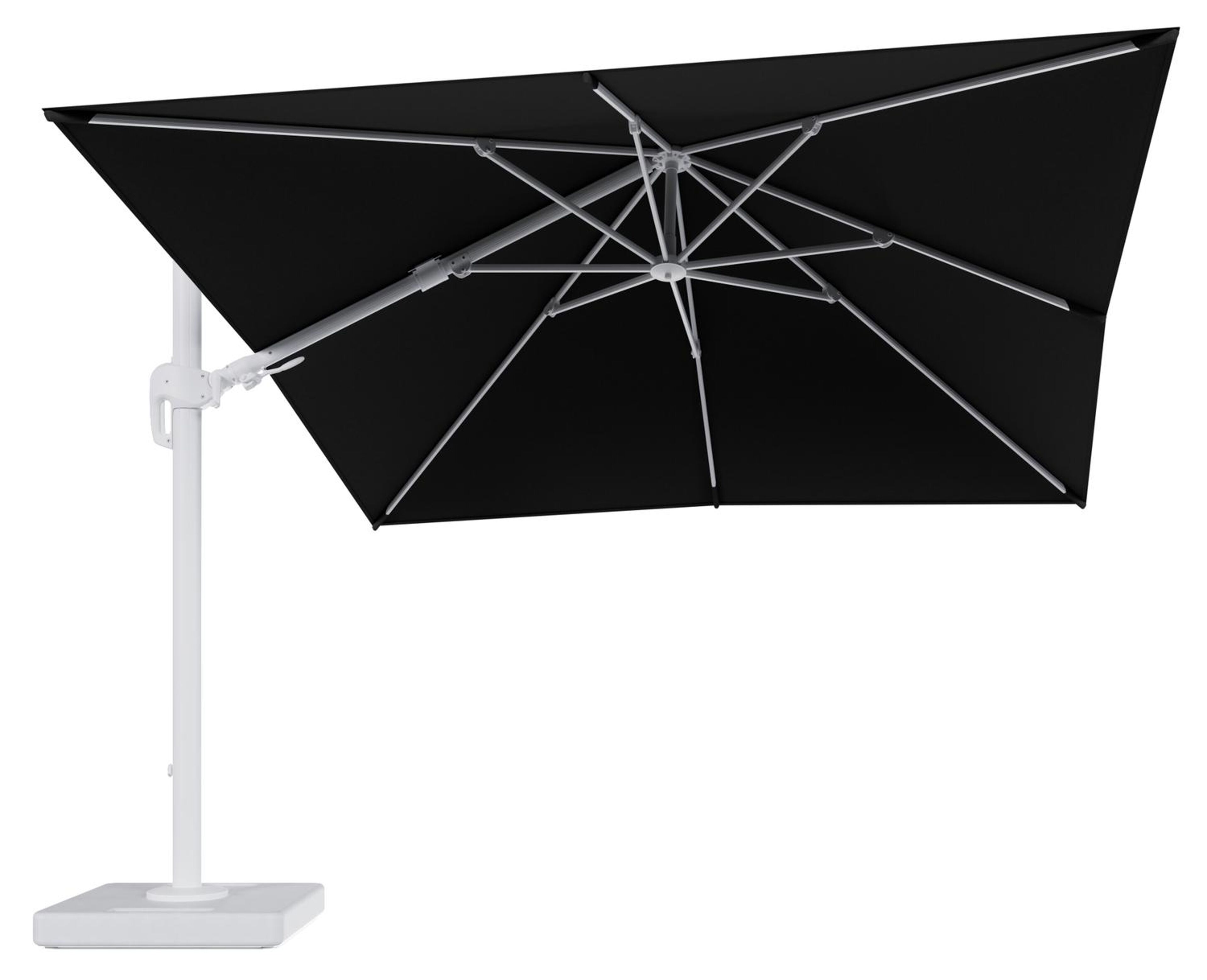 Rufina zweefparasol tiltfunctie in wit aluminium en parasoldoek in All Weather Sunbrella® Luxe Natte Sooty - L1 300 x L2 300 cm met parasolvoet Lapido 160 kg
