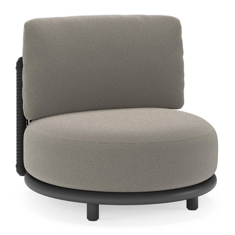 Fauteuil de jardin Lomano en aluminium noir et corde luxe plate tissée verticalement beige et coussins en all weather sunbrella® luxe lopi charcoal