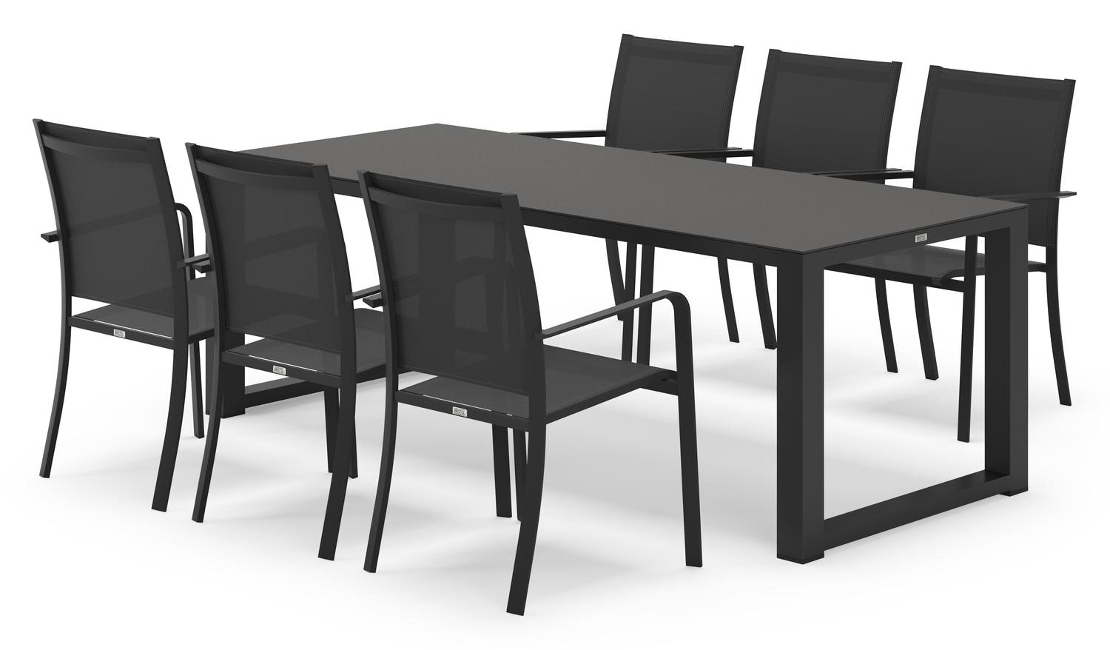 Livo rechthoekige tuinset in zwart aluminium en sintered stone notte minerale met 6 Calobra tuinstoelen