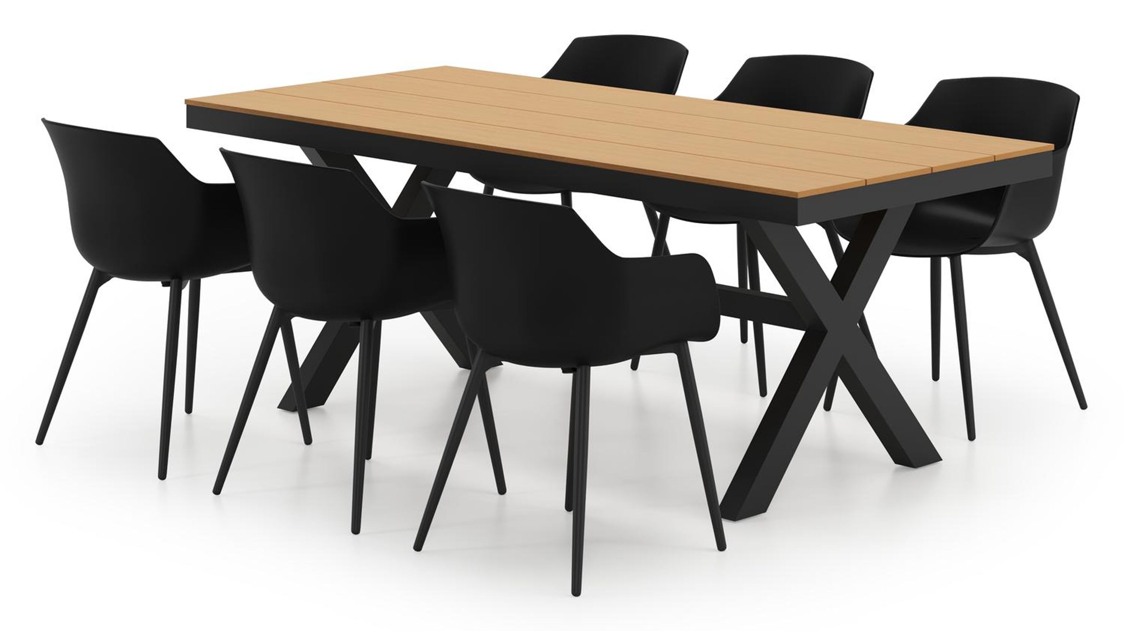 Ensemble de jardin Bahia en aluminium noir avec plateau de table en polywood naturel et 6 chaises de jardin Paco