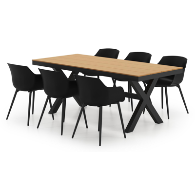 Bahia tuinset in zwart aluminium en naturel polywood tafelblad met 6 Paco tuinstoelen
