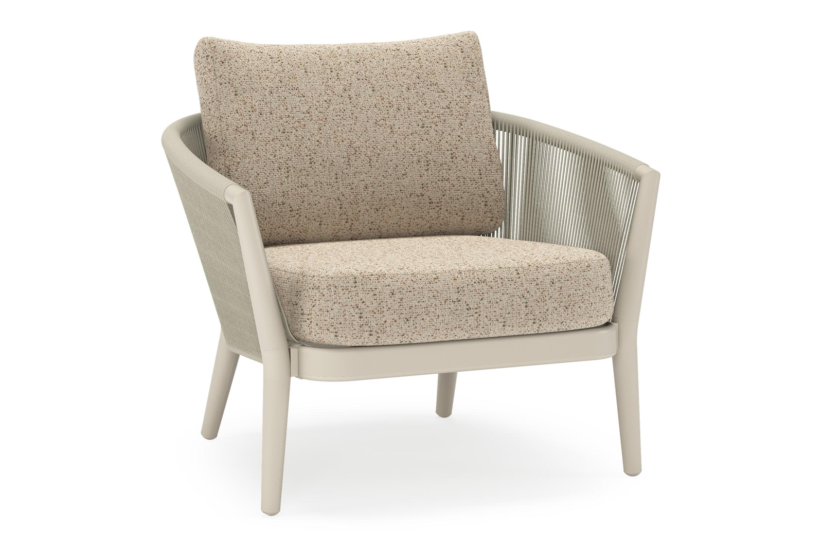 Orso loungestoel in beige aluminium en beige verticaal geweven ronde rope met Bora Jungle all weather cosytica kussen