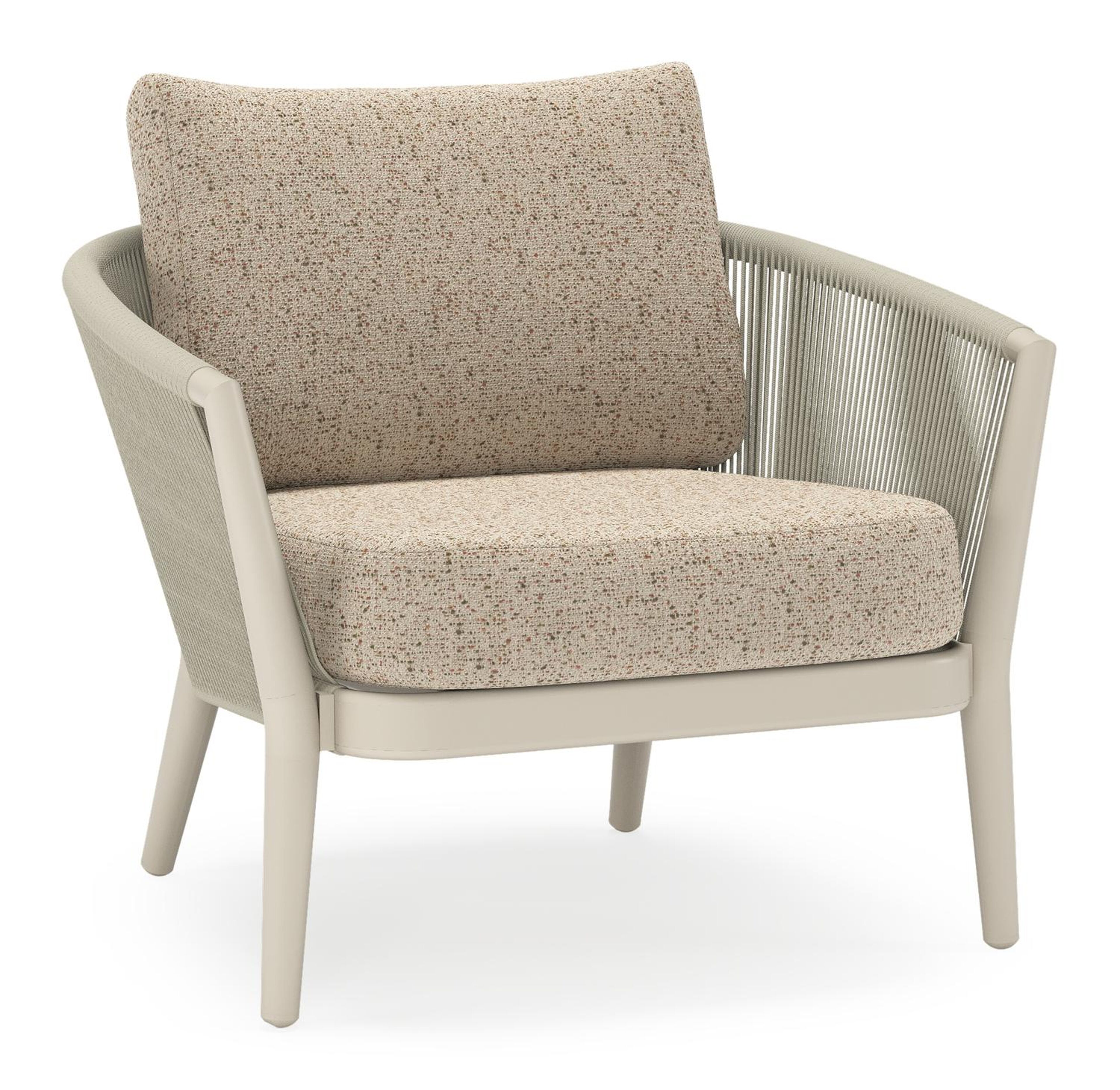 Orso loungestoel in beige aluminium en beige verticaal geweven ronde rope met Bora Jungle all weather cosytica kussen