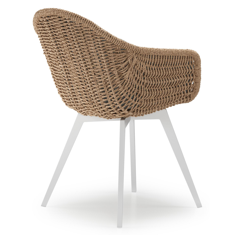 Pagino tuinstoel in wit aluminium en naturel ronde wicker met zitkussen in All Weather Sunbrella® Luxe Savane Zinc