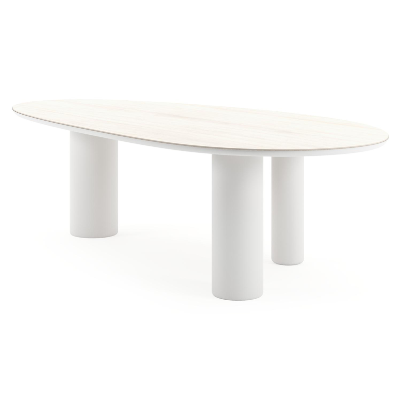 Table de jardin Amico mangue en aluminium blanc et céramique pleine Travertino Bianco - Lg. 260 x Lrg. 130 x Haut. 73.5 cm