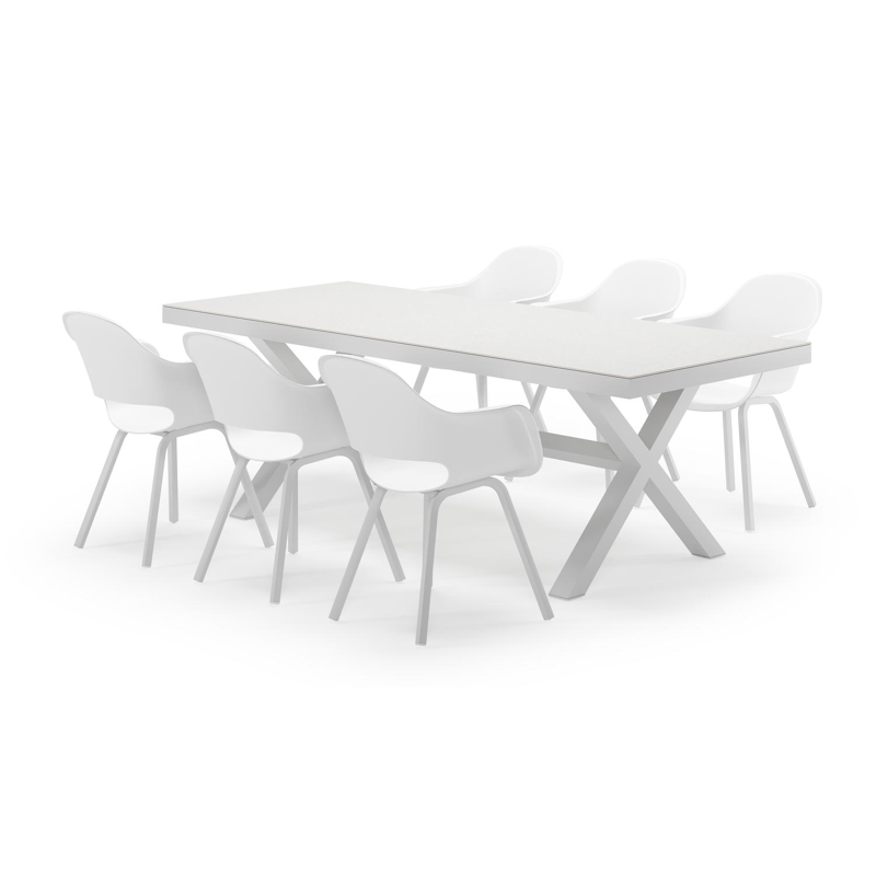 Reza rechthoekige tuinset in wit aluminium en sintered stone topo minerale met 6 Artena tuinstoelen