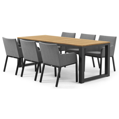 Ensemble de jardin Livo en aluminium noir avec plateau de table en teck Naturel et 6 chaises de jardin Rivo