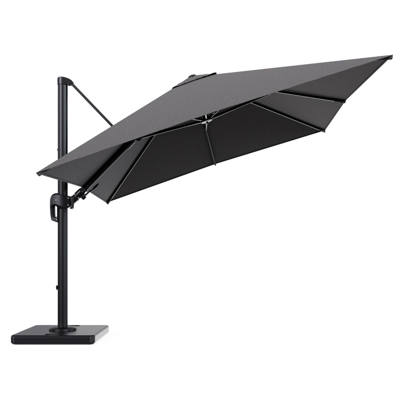 Parasol pendant Rufina avec fonction tilt en aluminium noir et toile de parasol en All Weather Solica Firenze Tunder - Lg.1 300 x Lg.2 300 cm avec pied de parasol Lapido 120 kg