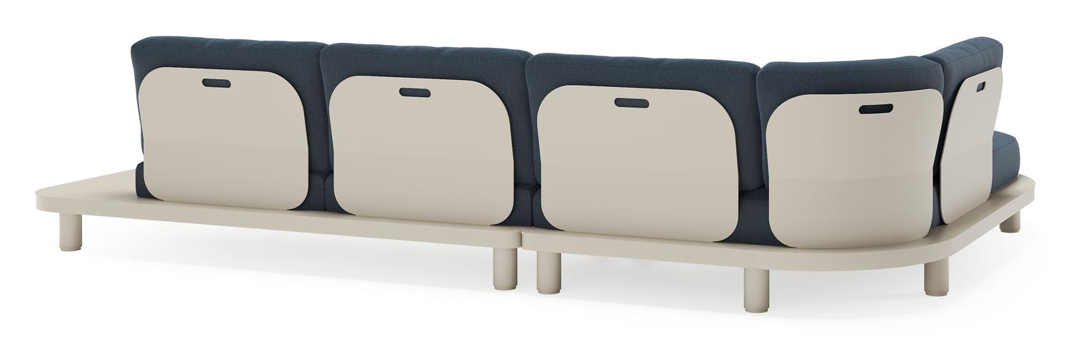 Salon de jardin d'angle Donato en aluminium beige et coussins en all weather sunbrella® luxe heritage indigo