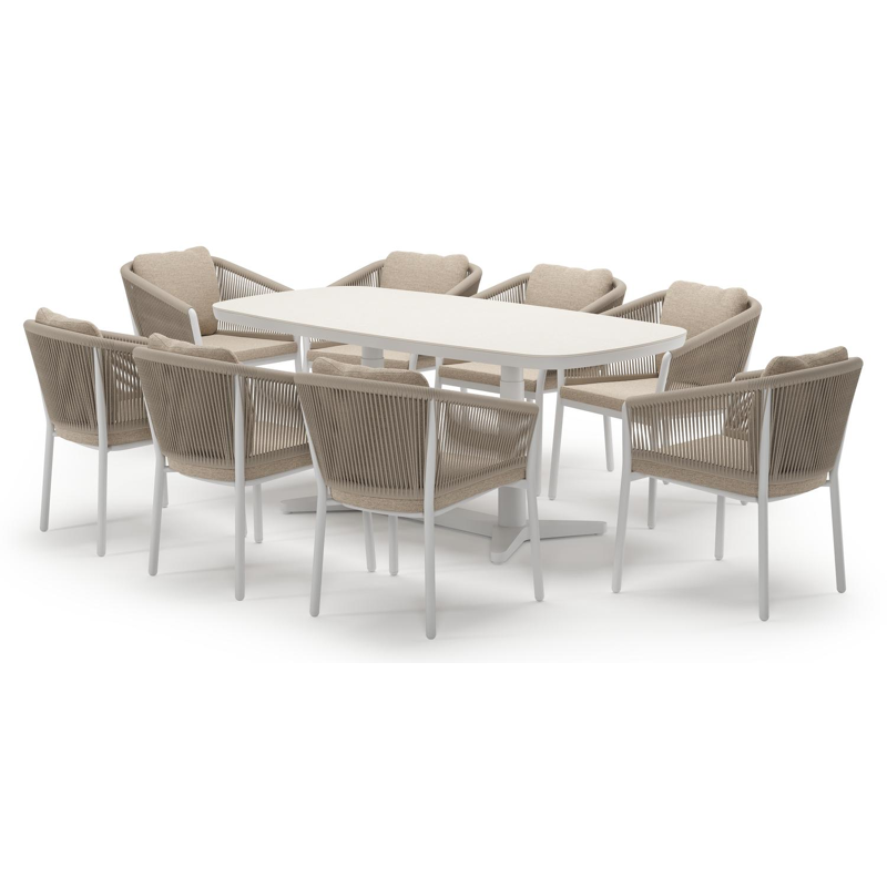 Ensemble de jardin Tarsia forme de bateau en aluminium blanc et sintered stone Crema minerale avec 8 chaises de jardin Gerona