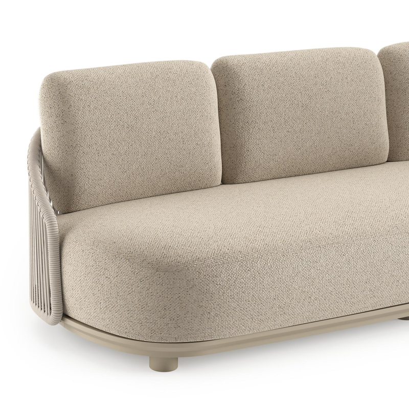 Canapé de jardin Vadelo en aluminium beige et corde ronde tissée verticalement beige et coussins en all weather cosytica bora desert