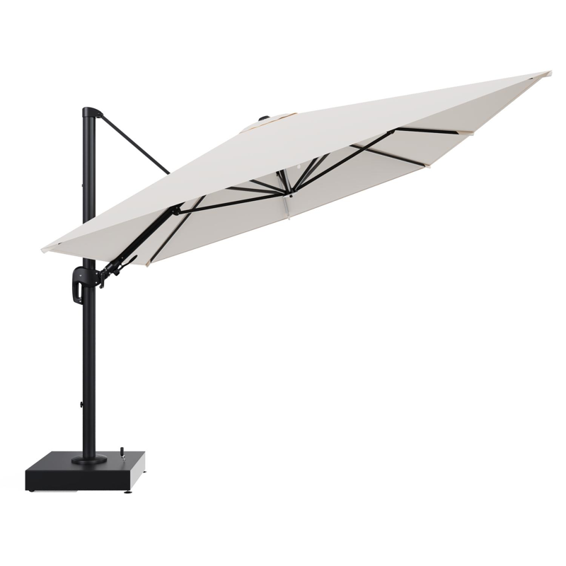 Rufina zweefparasol met tiltfunctie in zwart aluminium en Natte Linen Chalk All Weather Sunbrella® Luxe parasoldoek - L1 400 x L2 300 cm met parasolvoet Minore 150 kg met wielen