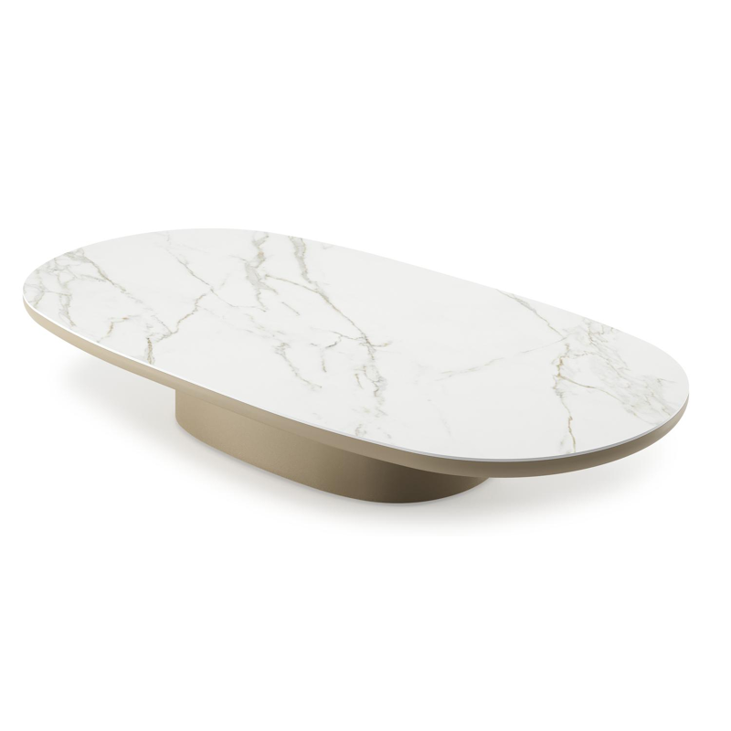 Table de basse Amico bombo en aluminium beige et céramique pleine Calacatta - Lg. 171 x Lrg. 89 x Haut. 24 cm