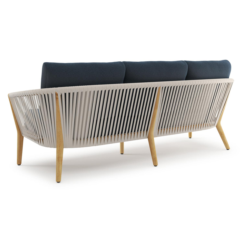 Orso loungebank in teak en beige verticaal geweven luxe vlakke rope met Heritage Indigo all weather sunbrella® luxe kussen