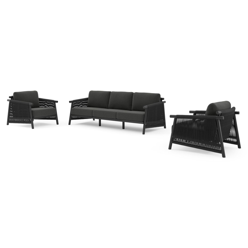 Salon de jardin Erla en aluminium noir et corde ronde tissée verticalement noir et coussins en weather+ softtouch noir
