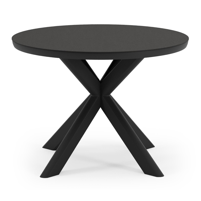 Pamplona ronde tuinset in zwart aluminium en sintered stone notte minerale met 4 Zamora tuinstoelen