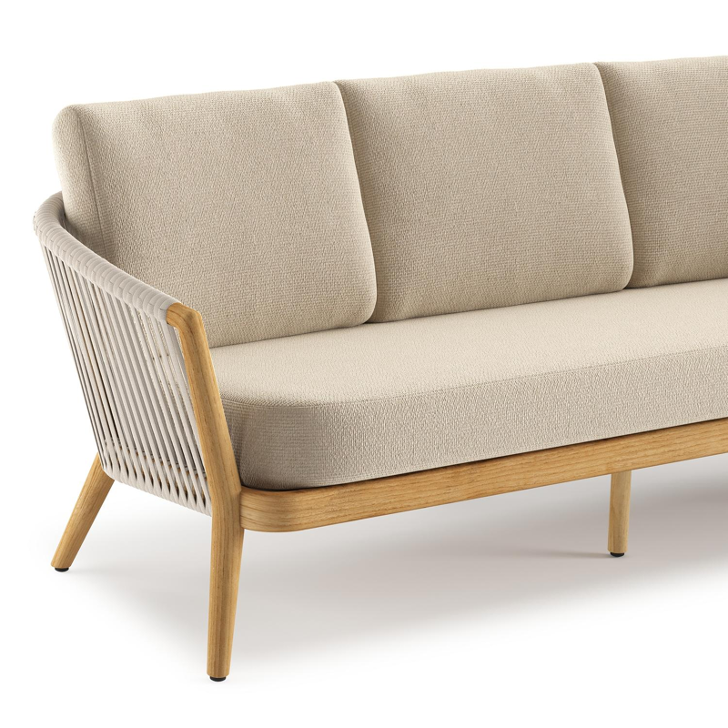 Orso loungebank in teak en beige verticaal geweven luxe vlakke rope met Althea Chalk all weather cosytica kussen