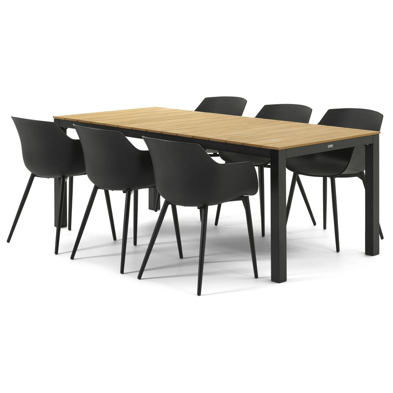 Ensemble de jardin Toma en aluminium noir avec plateau de table en polywood naturel et 6 chaises de jardin Paco