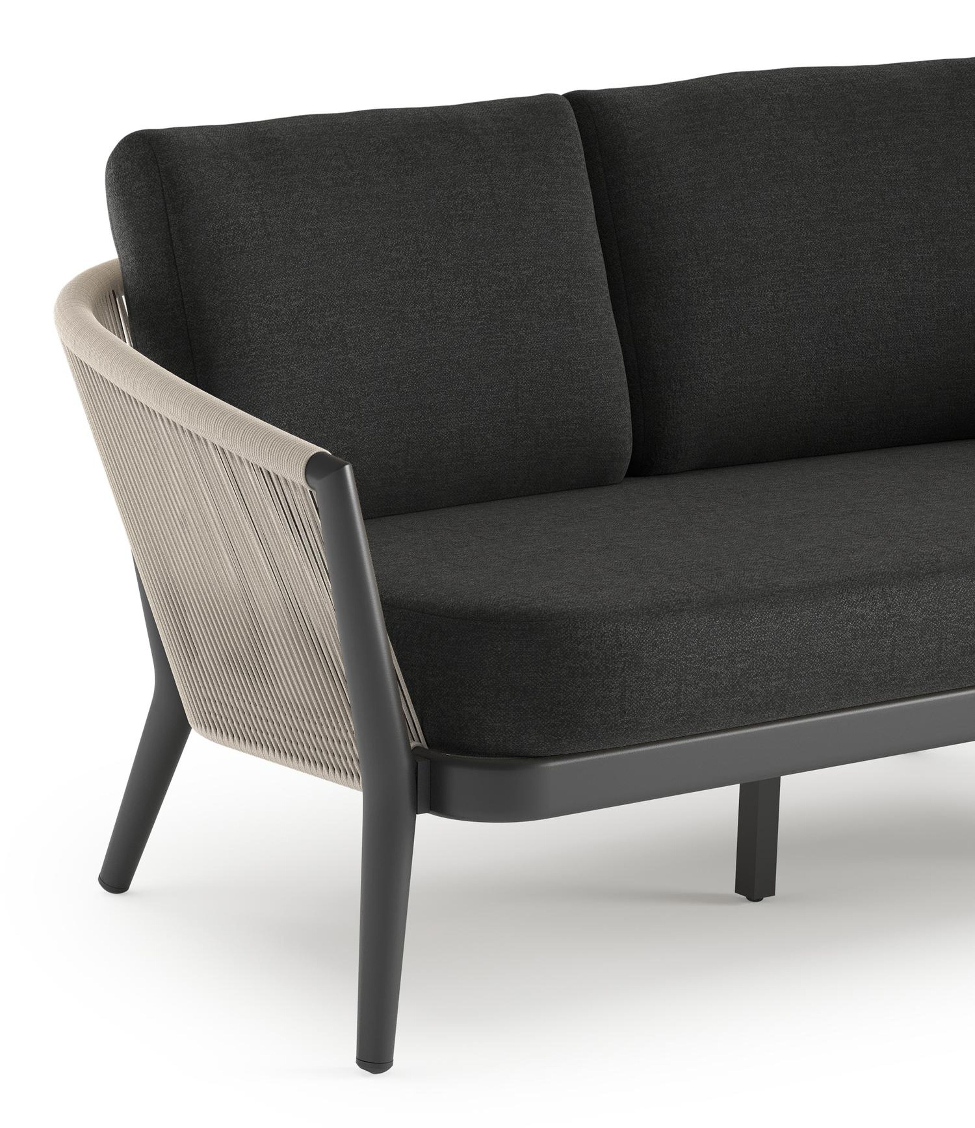 Orso loungebank in zwart aluminium en beige verticaal geweven ronde rope met Chartres Sooty all weather sunbrella® luxe kussen