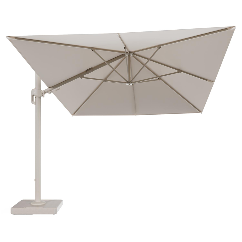 Rufina zweefparasol tiltfunctie in beige aluminium en parasoldoek in All Weather Sunbrella® Luxe Natte Linen Chalk - L1 400 x L2 300 cm met parasolvoet Lapido 160 kg