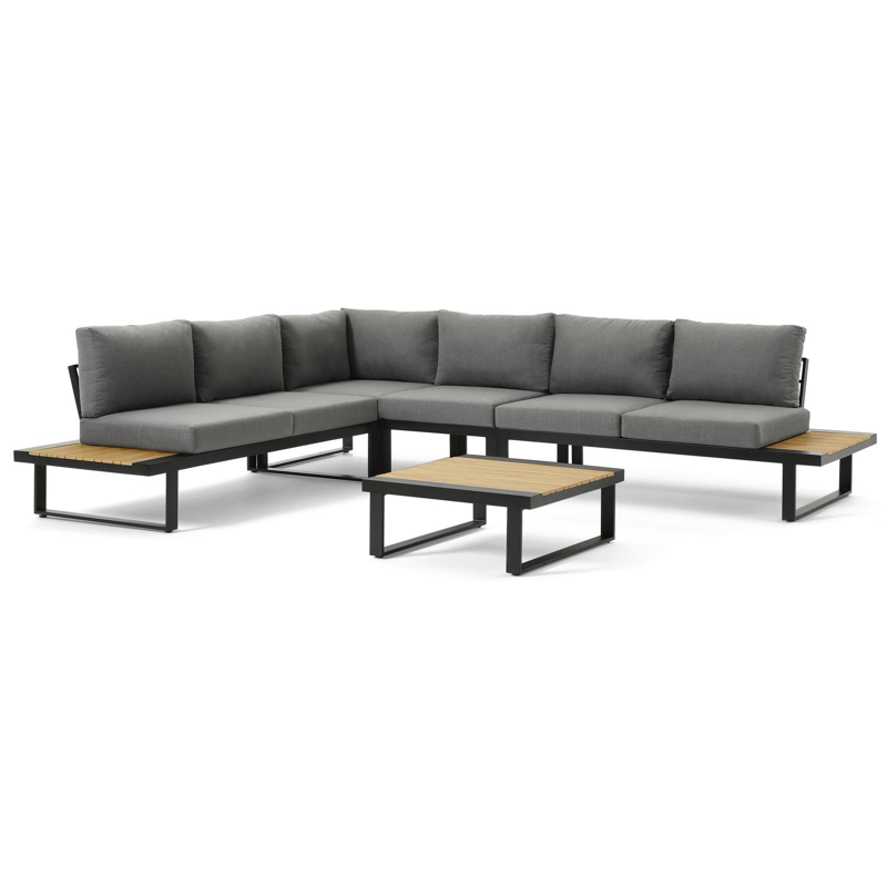 Serado loungehoek in zwart aluminium en polywood met grijs polyester kussen en loungetafel