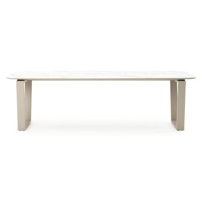 Pagino tuintafel bootvorm in beige aluminium en volkeramiek Calacatta - L 255 x B 115 x H 73 cm