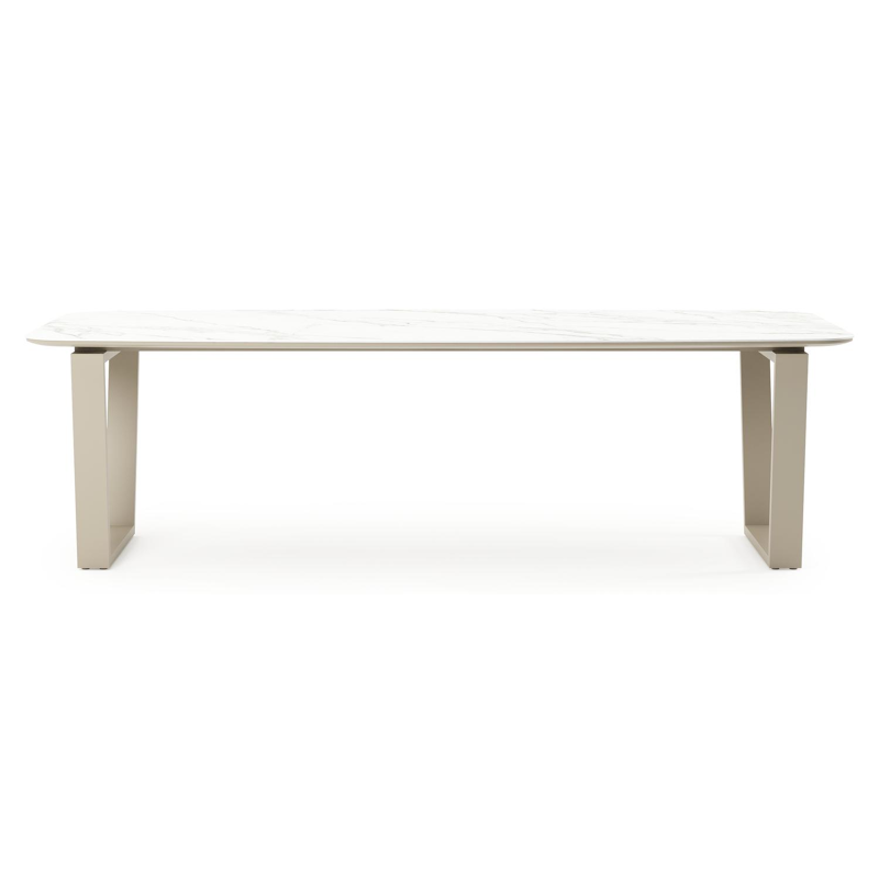 Pagino tuintafel bootvorm in beige aluminium en volkeramiek Calacatta - L 255 x B 115 x H 73 cm