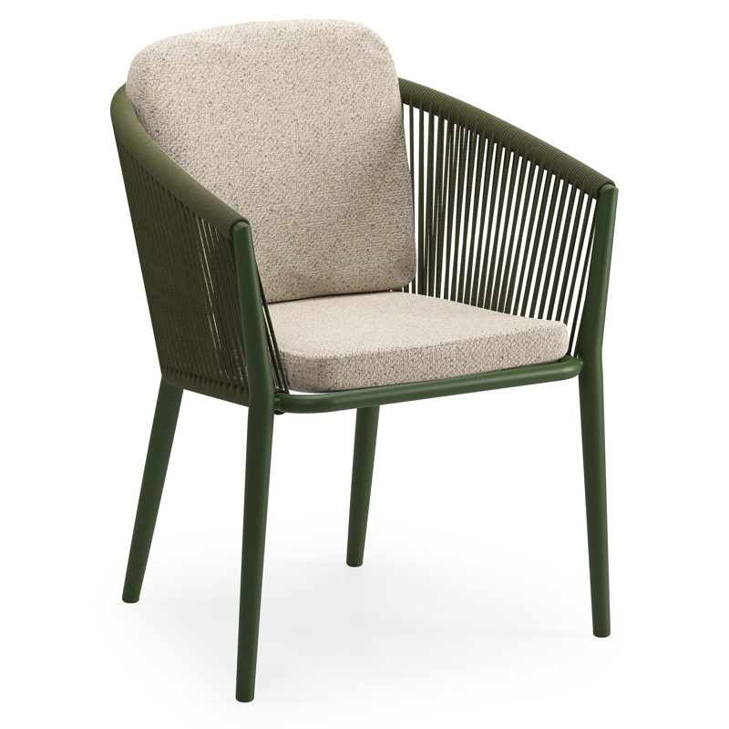 Orso tuinstoel in groen aluminium en groen verticaal geweven ronde rope met luxe zitkussen in All Weather Cosytica Bora Desert