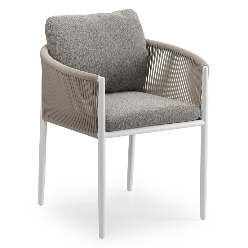Chaise de jardin Organo en aluminium beige et corde ronde tissée verticalement beige avec coussin en All Weather Sunbrella® Luxe Chartres Drizzle
