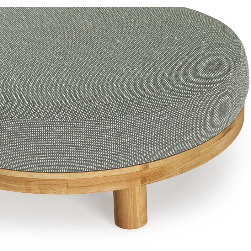 Donato lounge poef in teak en beige verticaal geweven ronde rope met all weather sunbrella® luxe Slow Fern kussen