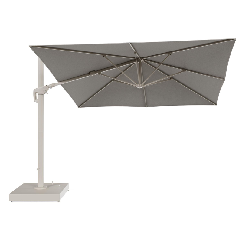 Minore zweefparasol met tiltfunctie in beige aluminium en Firenze Sand All Weather Solica parasoldoek - L1 350 x L2 350 cm met parasolvoet Minore 260 kg met wielen