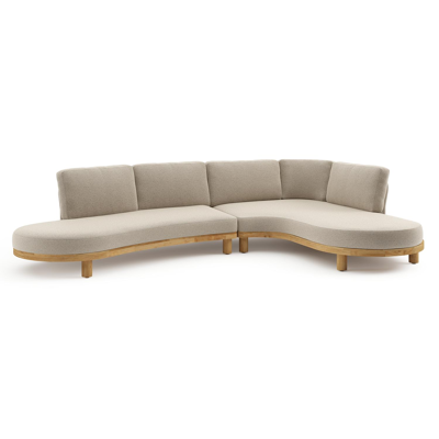 Donato loungehoek in teak en beige verticaal geweven ronde rope met all weather cosytica Marbella Beige kussen