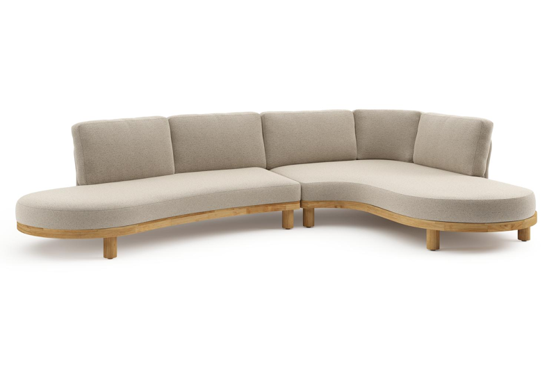 Donato loungehoek in teak en beige verticaal geweven ronde rope met all weather cosytica Marbella Beige kussen