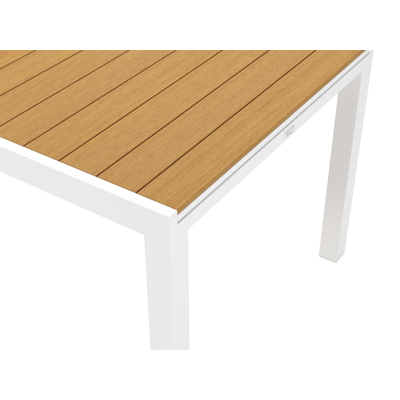 Ensemble de jardin Oviedo avec table extensible en aluminium blanc avec plateau de table en polywood naturel et 8 chaises de jardin empilables Bahia