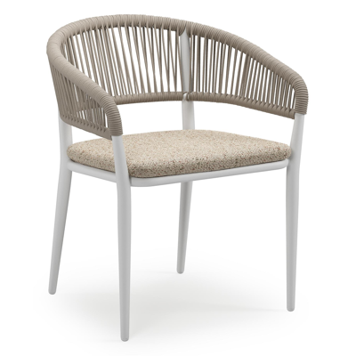 Tolfa stapelbare tuinstoel in wit aluminium en beige verticaal geweven ronde rope met stoelkussen in All Weather Cosytica Bora Jungle