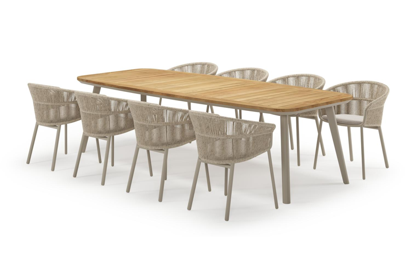 Mosa bootvormige tuinset in beige aluminium en teak natural finish met 8 Matera tuinstoelen