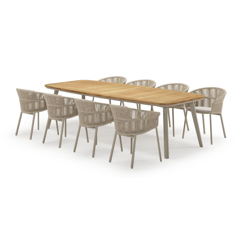 Mosa ensemble de jardin forme de bateau en aluminium beige en teck natural finish avec 8 chaises de jardin Matera