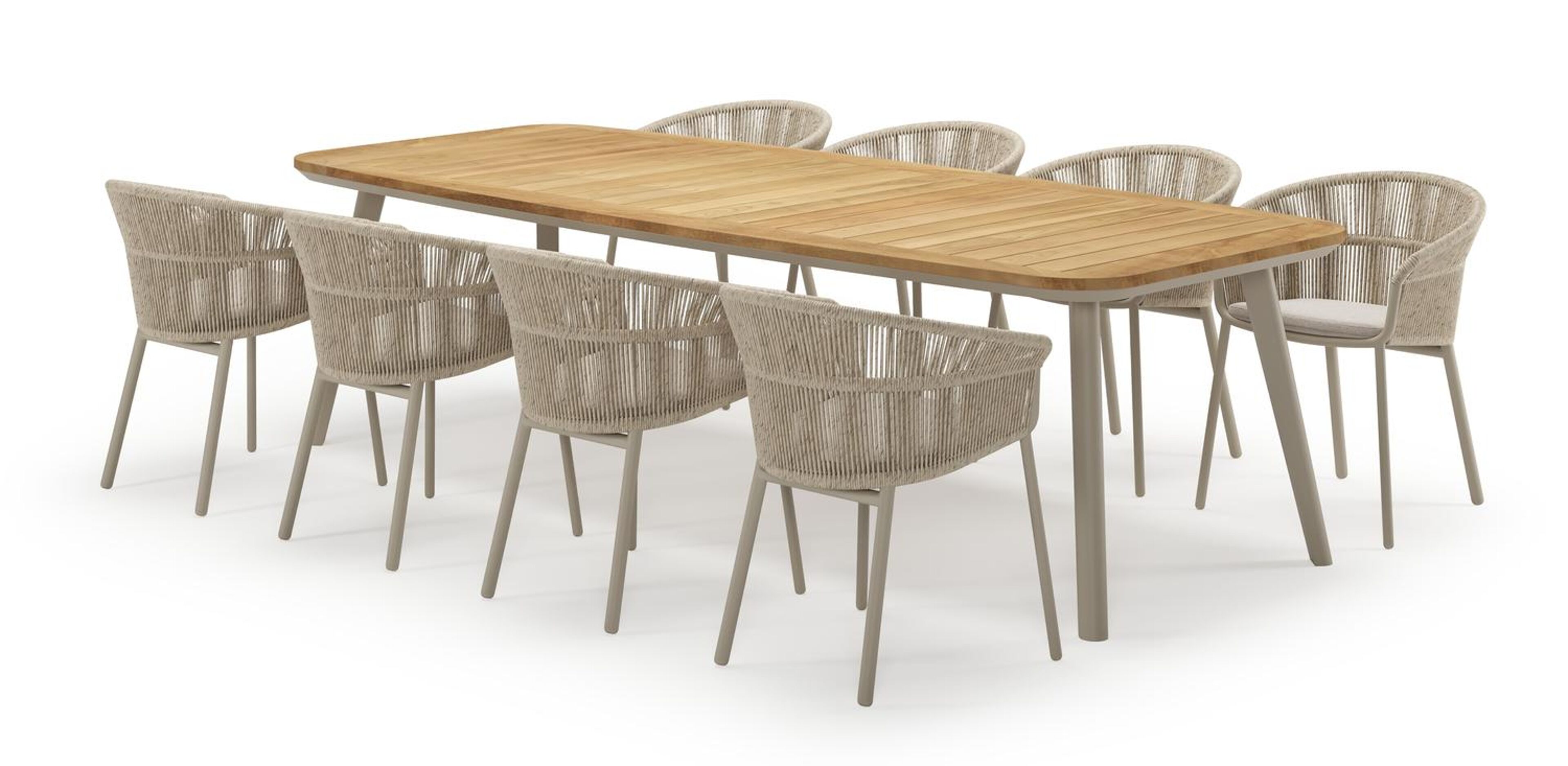Mosa ensemble de jardin forme de bateau en aluminium beige en teck natural finish avec 8 chaises de jardin Matera