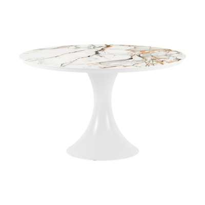 Table de jardin Fano en aluminium blanc et céramique pleine calacatta luxe - Dia. 130 x H 75 cm