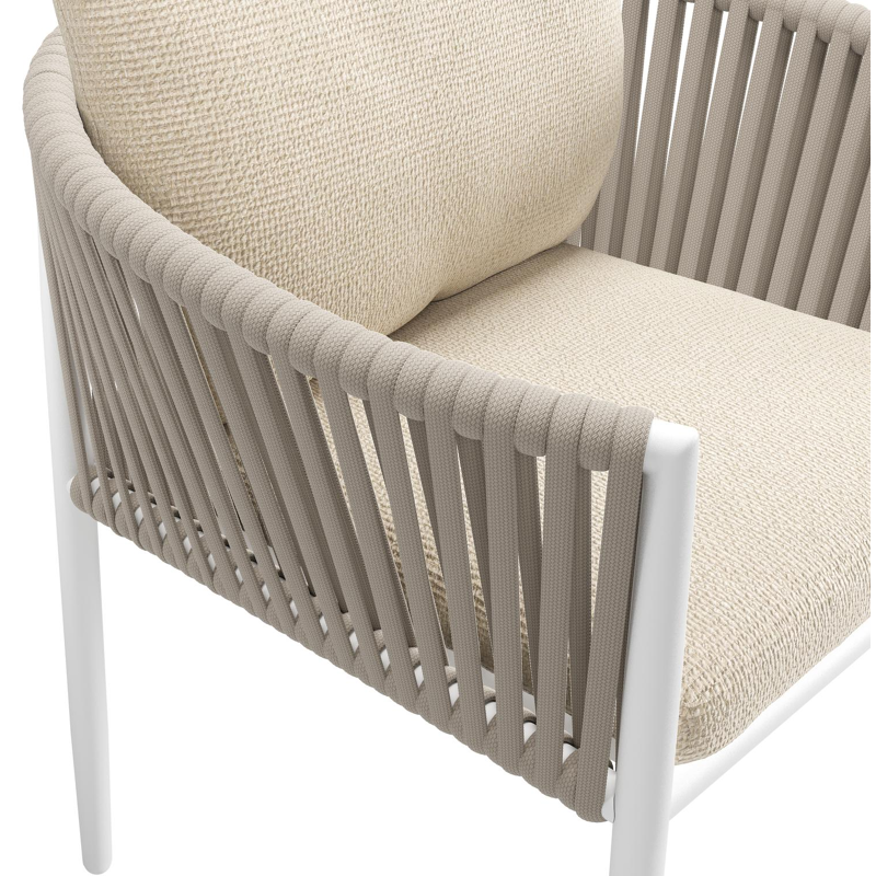 Chaise de jardin Organo en aluminium blanc et corde luxe plate tissée verticalement beige avec coussin en All Weather Cosytica Althea Chalk