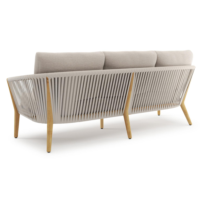 Orso loungebank in teak en beige verticaal geweven luxe vlakke rope met Slow Farafra all weather sunbrella® luxe kussen